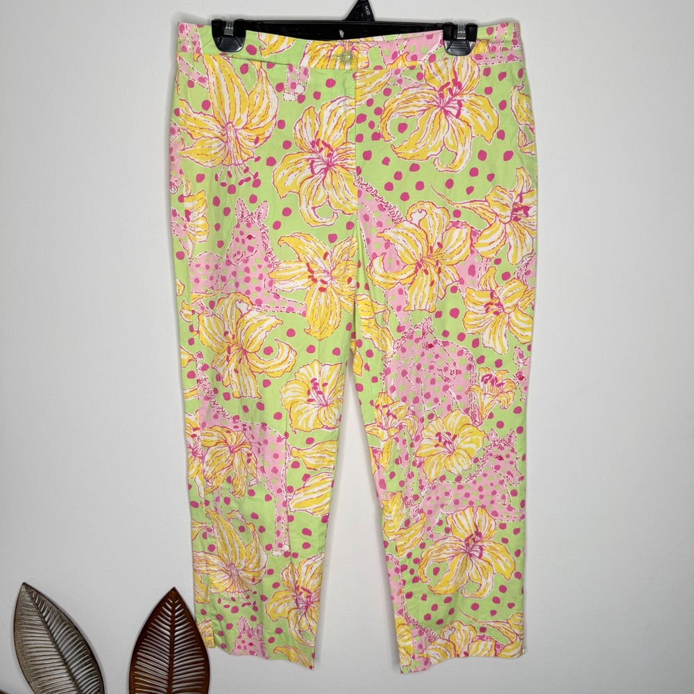 Lilly Pulitzer Horse Floral Crop Pants Green Pink Yellow Stretch Glow In‎ Dark 2